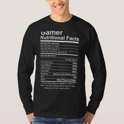 Gamer Nutritional Facts Cool Gamer Video Game T-shirt (Voorkant)