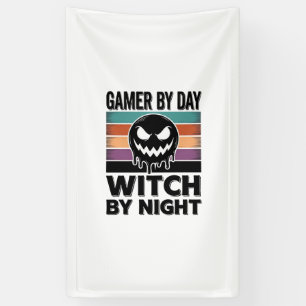 Gamer Overdag Heks 's Nachts Retro Halloween-ontwe Spandoek