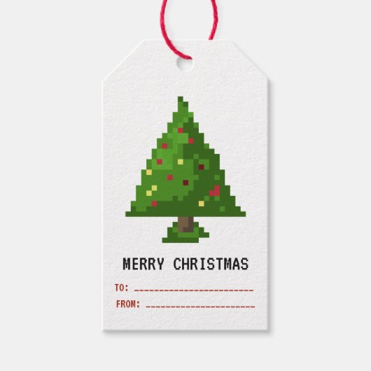 Gamer Pixel 8-bits kerstboom cadeau Label Cadeaulabel (Voorkant)
