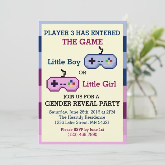Gamer Player 3 Gender onthullen Baby shower uitnod Kaart (Staand voorkant)