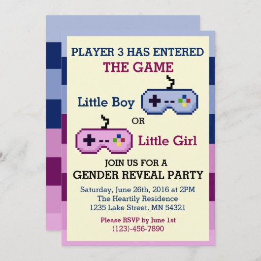 Gamer Player 3 Gender onthullen Baby shower uitnod Kaart (Voorkant / Achterkant)