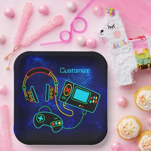 Gamer Retro Neon Blauw Papieren Bordje (Feest)
