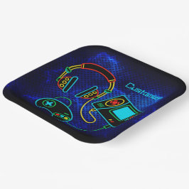 Gamer Retro Neon Blauw Papieren Bordje