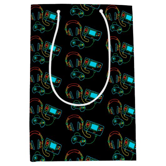 Gamer Retro Neon Patroon Medium Cadeauzakje (Voorkant)