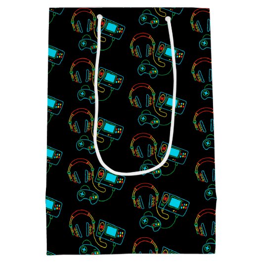 Gamer Retro Neon Patroon Medium Cadeauzakje (Achterkant)