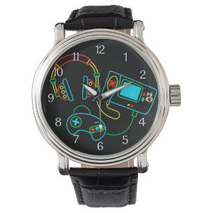 Gamer Retro Neon Zwart Horloge