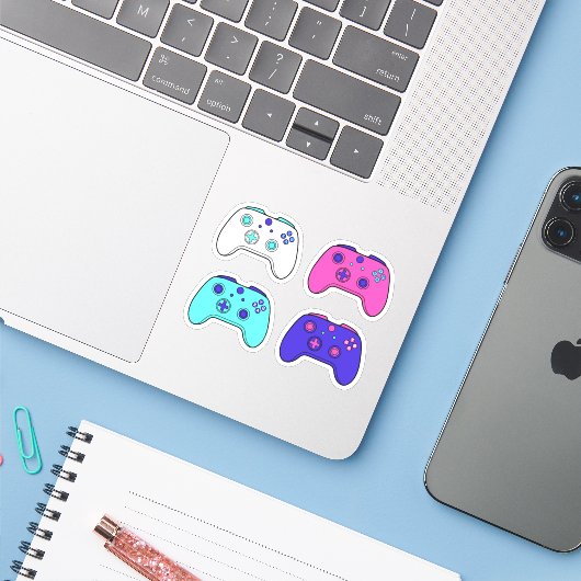 Gamer Roze Paarse Blauwe Cartoon Controller Set Sticker (Laptop met iPhone)