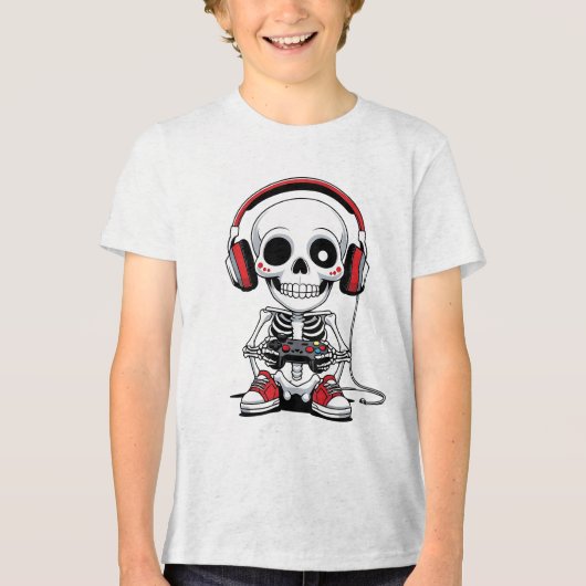 Gamer Skeleton - Grappig Halloween Gaming Tri-Blend Shirt (Voorkant)