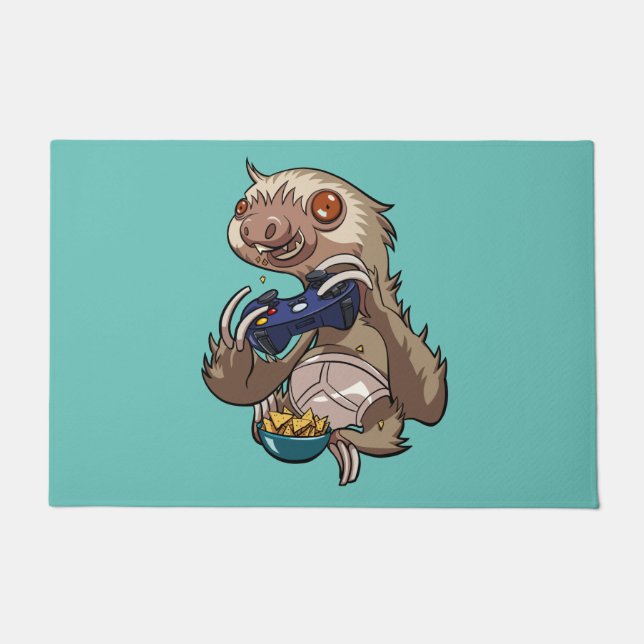 Gamer Sloth Eating Nachos in Underpants Cartoon Deurmat (Voorkant)