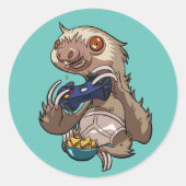 Gamer Sloth Eating Nachos in Underpants Cartoon Ronde Sticker (Voorkant)