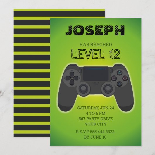 Gamer uitnodiging, videogame niveau omhoog kaart (Voorkant / Achterkant)