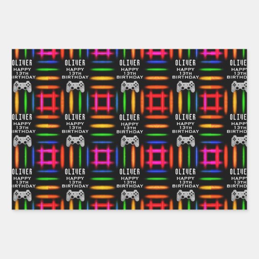 Gamer Video Game Controller Neon Birthday Party Inpakpapier Vel (Voorkant 2)