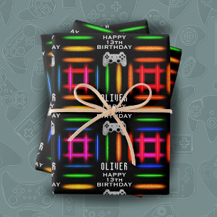 Gamer videogamecontroller neon verjaardagsfeestje inpakpapier vel