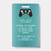 Gamer VIP Pas Geboortebal Uitnodiging Badge (Achterkant)