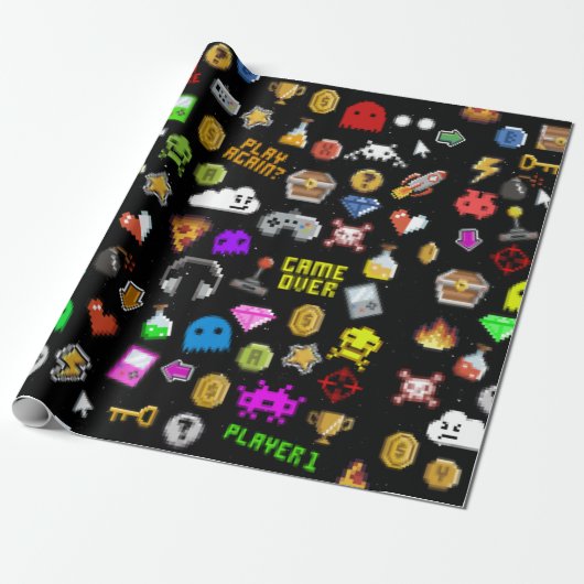 Gamerretro Pixel Video Gaming Icons Cadeaupapier (Uitgerold)