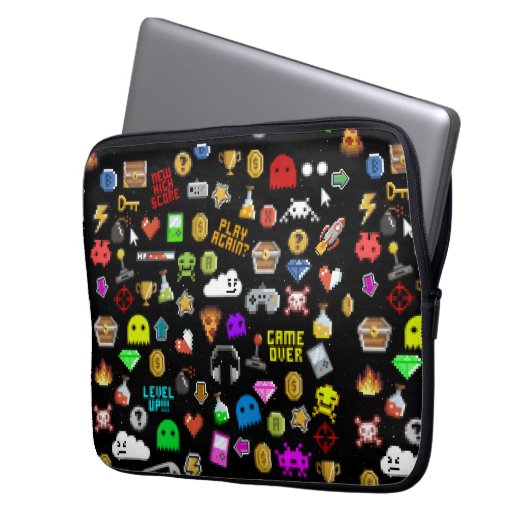 Gamerretro Pixel Video Gaming Icons Wrapping Pape Laptop Sleeve (Voorkant Links)