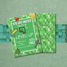 Gamer's Birthday Invitation Green Pixels