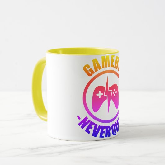 gamers stoppen nooit  mok (Voorkant links)