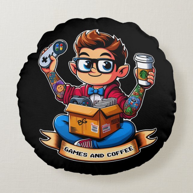 Games en koffie geek rond kussen (Voorkant)