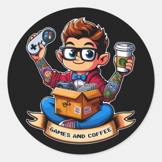 Games en koffie geek ronde sticker (Voorkant)