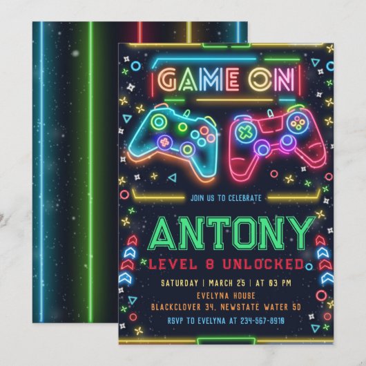 Games op gloed 8e verjaardag Party uitnodiging (Voorkant / Achterkant)