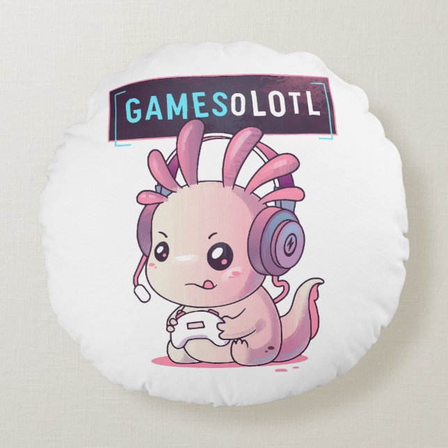 Gamesolotl - Axolotl Gamer Rond Kussen (Voorkant)