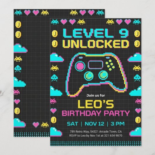 Gaming Birthday Invitation Retro Pixel Gamer Kaart (Voorkant / Achterkant)