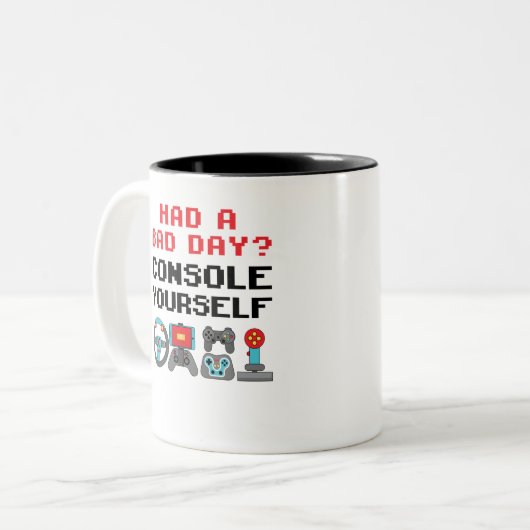 Gaming Console Funny Pun Gamer Video Games Player Tweekleurige Koffiemok (Voorkant links)