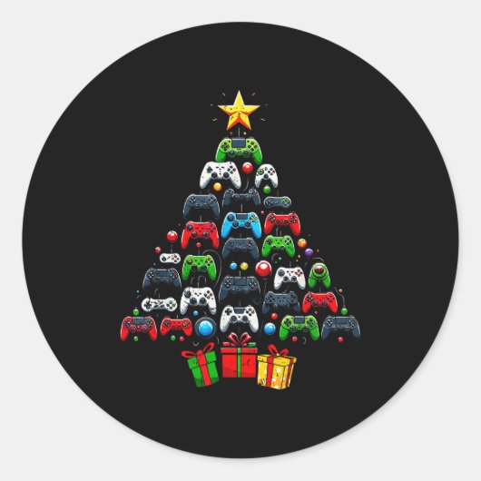 Gaming Controllers Christmas Tree Funny Gamer Boys Ronde Sticker (Voorkant)