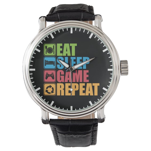 Gaming - Eat, Slaap, Game, Herhaal - Gamer, grappi Horloge (Voorkant)
