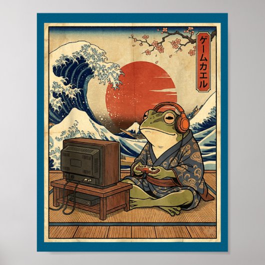 Gaming Frog Art Ukiyo-e Japanese Gamer Anime Men W Poster (Voorkant)