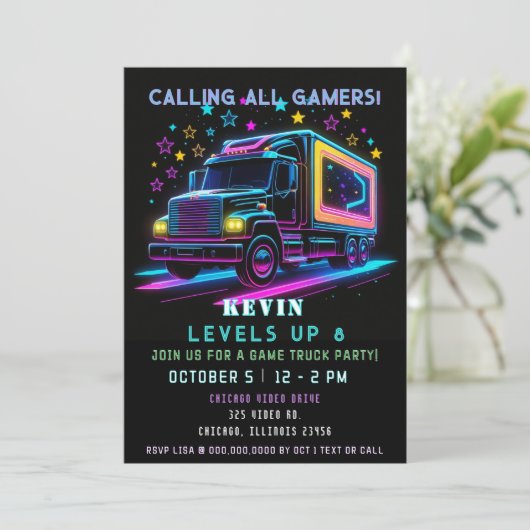 Gaming Fun Neon Glow Game Truck Verjaardag Kaart (Staand voorkant)