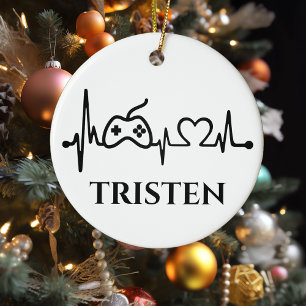 Gaming Gamer Hartslag Monogram Naam Keramisch Ornament