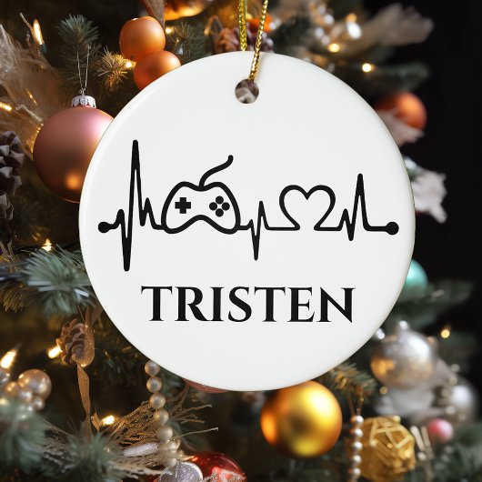 Gaming Gamer Hartslag Monogram Naam  Keramisch Ornament