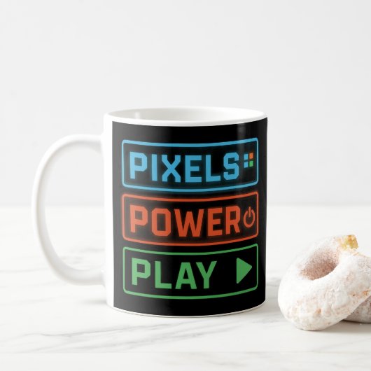 Gaming Mug – Pixels Power Play Neon Coffee Cup Koffiemok (Met donut)