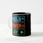 Gaming Mug – Pixels Power Play Neon Coffee Cup Tweekleurige Koffiemok (Voorkant links)
