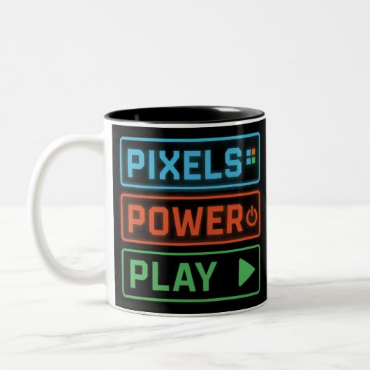 Gaming Mug – Pixels Power Play Neon Coffee Cup Tweekleurige Koffiemok (Links)