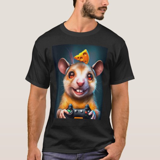 Gaming rat muis met gamecontroller en kaas t-shirt (Voorkant)