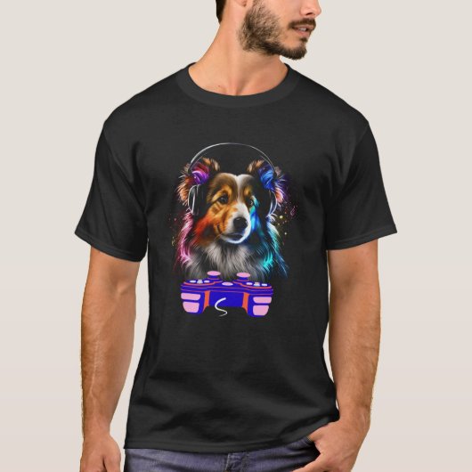 Gaming Shetland Sheepdog Dog Player Video Gamer  M T-shirt (Voorkant)