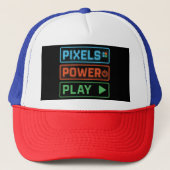 Gaming Trucker Hat – Pixels Power Play Gamer Cap Trucker Pet (Voorkant)