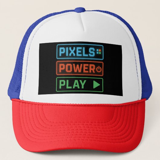 Gaming Trucker Hat – Pixels Power Play Gamer Cap Trucker Pet (Voorkant)