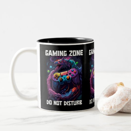 Gaming zone niet storen Cool Gamer Dragon Art Tweekleurige Koffiemok (Met donut)