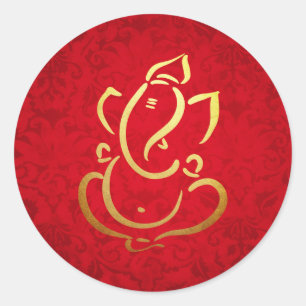 Ganesh   Ganpati   Indiase God Damast Rood Ronde Sticker