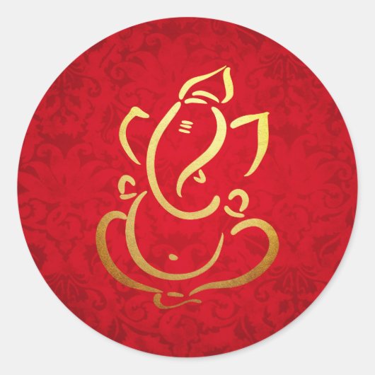 Ganesh | Ganpati | Indiase God Damast Rood Ronde Sticker (Voorkant)