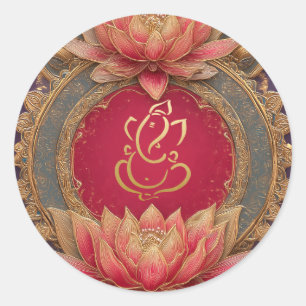 Ganesh Huwelijk   Indiase Trouw Goud Lotus Rood Ronde Sticker