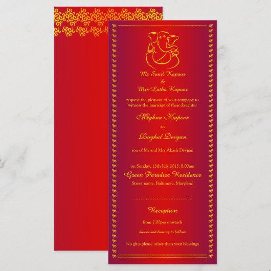 Ganesh | Indian God Red Wedding Rack Kaarten (Voorkant / Achterkant)