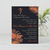 Ganesh Navy Blue Oranje Paisley Hindu Wedding Kaart (Staand voorkant)