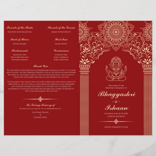 Ganesh Rood Hindoe Trouwceremonie Gevouwen Program (Voorkant)