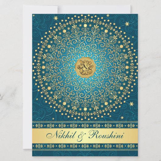 Ganesh Teal Gouden Scrolls Trouw Uitnodiging GROOT (Voorkant)