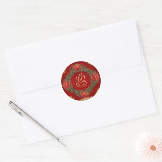 Ganesh Wedding | Indische bruiloft goud Lotus rood Ronde Sticker (Envelop)